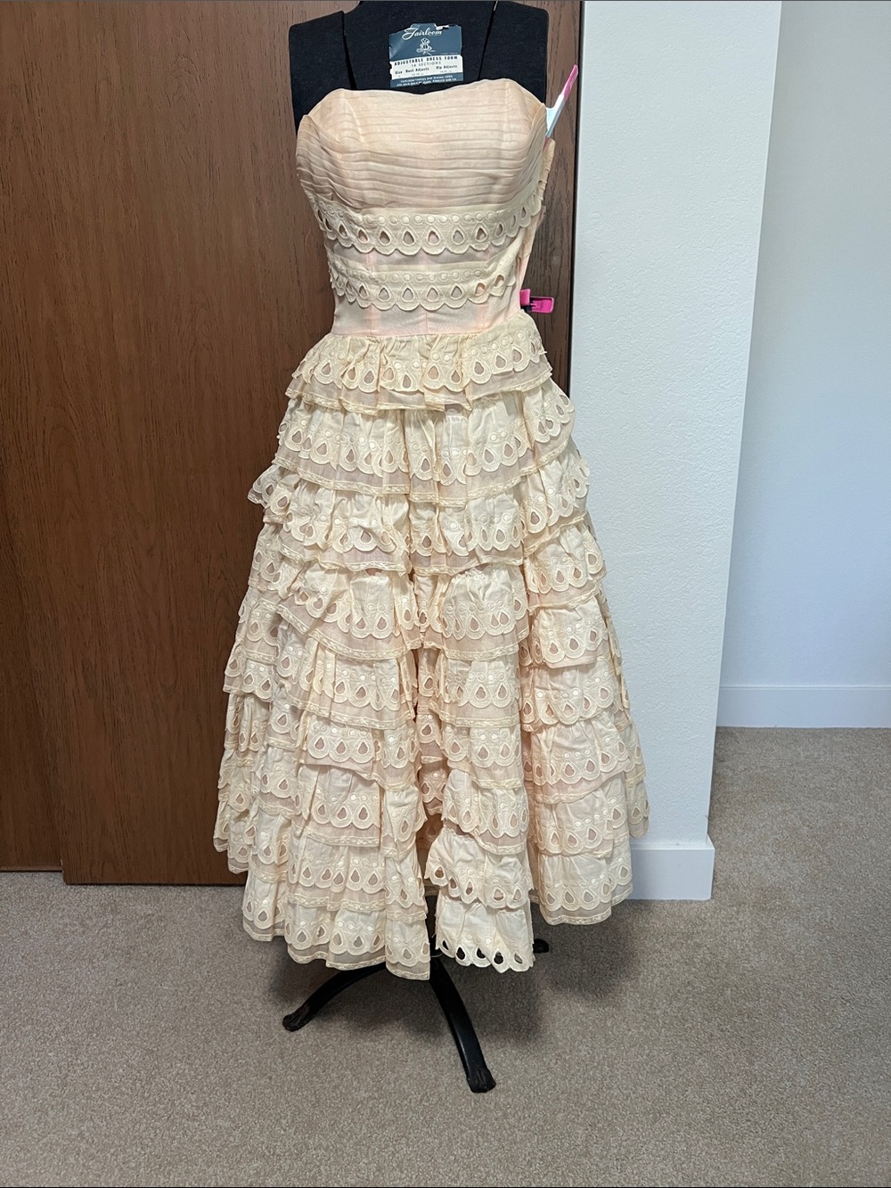 Vintage Strapless Tiered Eyelet Dress in Cream